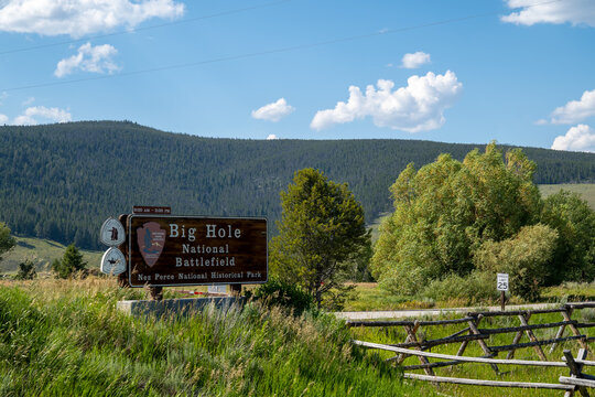 Montana, USA - July 27, 2020: Sign For The Big Hole National Battlefield, Part Of Nez Perce National Historic Park