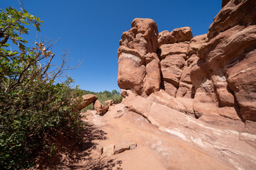 Large red rock sandstone formations in Garden of the Gods Park in Colorado Springs USA