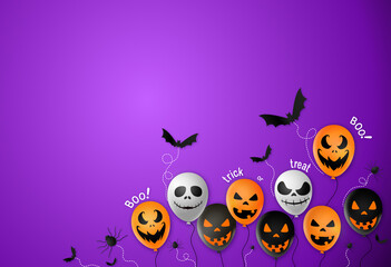 Halloween party  banner background ,scary balloons, bat,spider, spider web isolated  on purple  background, text boo, trick or treat  , sale banner template ,website, poster, vector illustration