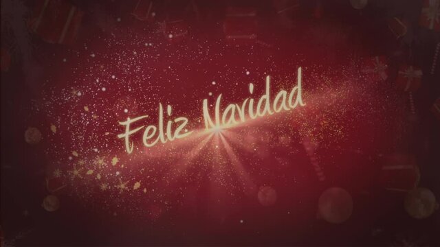 Christmas presents, baubles and candy canes falling against Feliz Navidad text on red background