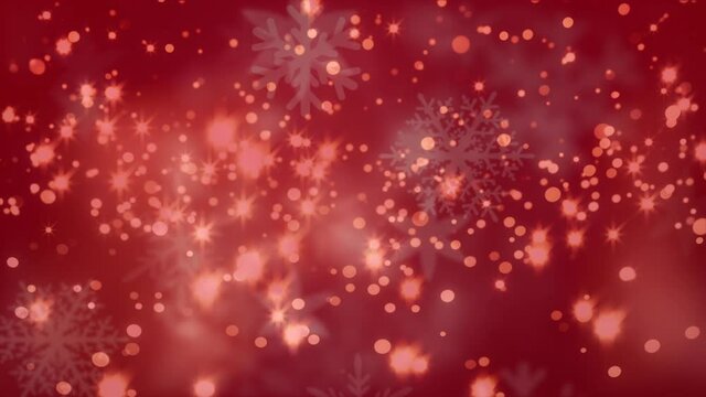 Snowflakes and spots of light moving against red background