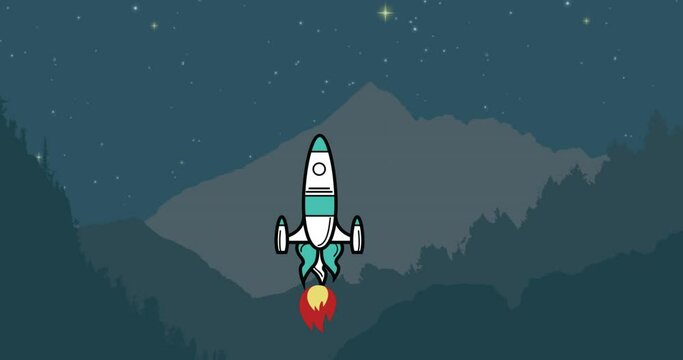 Space rocket flying against mountains and night sky in background