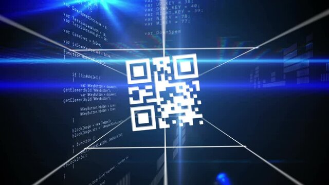 QR code scanner and network of connections against data processing on blue background