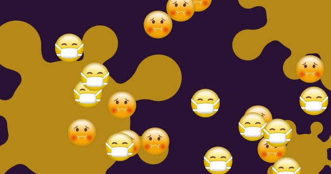 Nauseated and face with mask emojis floating against Covid-19 cells on purple background