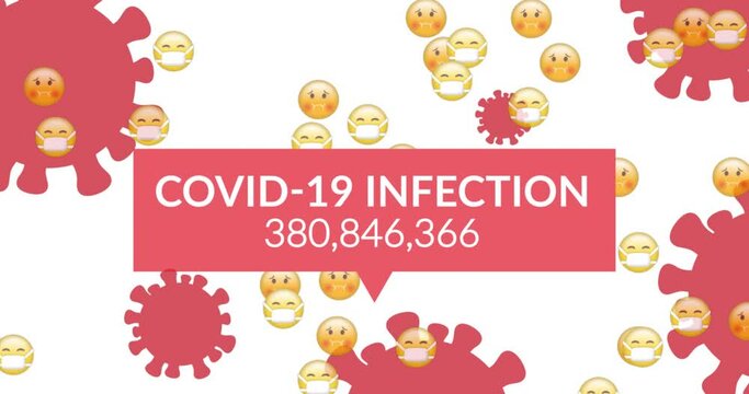 Covid-19 infection text with increasing numbers on speech bubble against floating face emojis