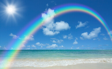 ビーチと波と雲と太陽と虹