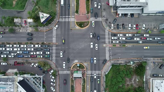 Aerial approach of Zebra crossing and crossroad in Santo Domingo. Dominican Republic