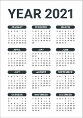 Year 2021 calendar vector design template, simple and clean design
