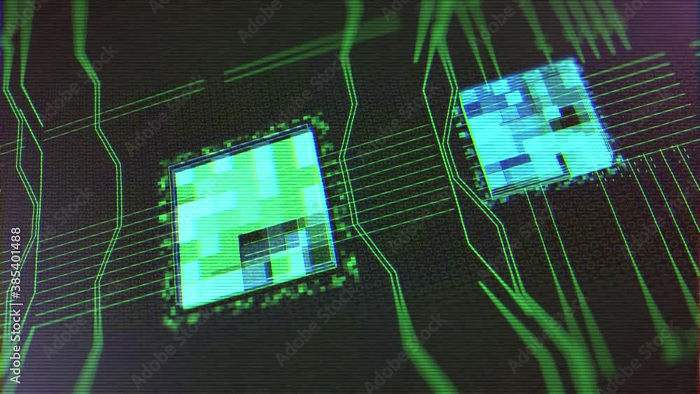 Poster abstract computer chip or circuit board background with glitch effect. animation. concept of artific