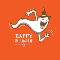 Doodle card with cute cartoon ghost in hat. Fabulous fictional character. Halloween poster. Vector contour colorful image.