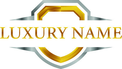 3d metallic golden shield frame logo template vector