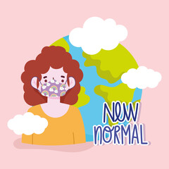 new normal lifestyle, cartoon woman with protective mask and world