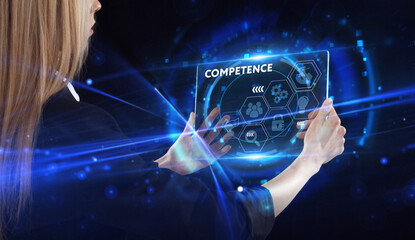 Business, technology, internet and network concept. Young businessman thinks over the steps for successful growth: Competence