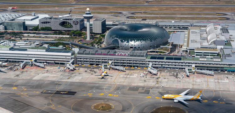 Singapore - February 2019: Aerial view of Singapore Changi International Airport.