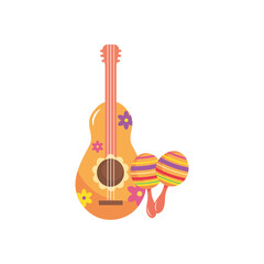 floral guitar and colorful maracas icon, flat style