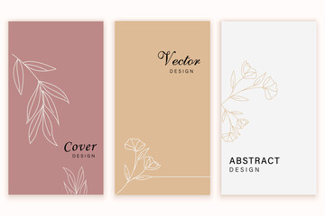 Social media stories and Main Feed cover. Background template with copy space for text and images, Tropical line arts , floral and leaves in warm earth tone vector illustration.