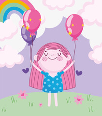childrens day, cartoon girl with balloons rainbow in the grass