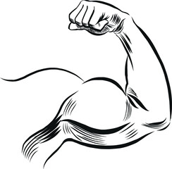 Strong hand flexing biceps. Ink black and white vector drawing