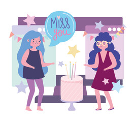 online party, cartoon girls celebrating with cake connected with computer