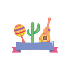 Fototapeta na wymiar mexican maraca, guitar and cactus with decorative ribbon, flat style