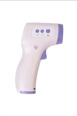 Small handheld digital infrared thermometer on white background.
