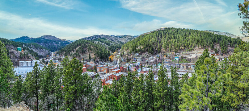 View from above of historical wild west town of Deadwood in South Dakota USA.