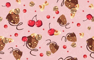 Seamless pattern of chocolate, sweets and cherry pattern. Vector illustration
