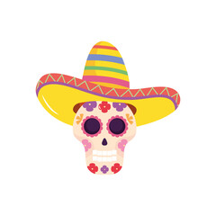 sugar skull with mexican hat icon, flat style