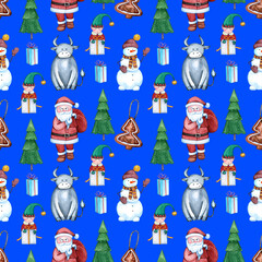Christmas seamless pattern with snowman, Santa Claus and cartoon characters on a blue background. Watercolor  cartoon flat style.