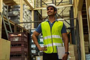 Young Indian industrial factory warehouse worker working in logistic industry indoor. Smiling happy...