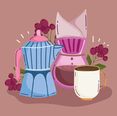 coffee brewing methods, moka pot drip coffee maker and cup