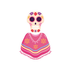 mexican poncho and sugar skull icon, flat style