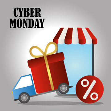 cyber monday, truck with gift box and smartphone marketing