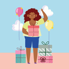 young woman holding gift box and many gifts baloons decoration