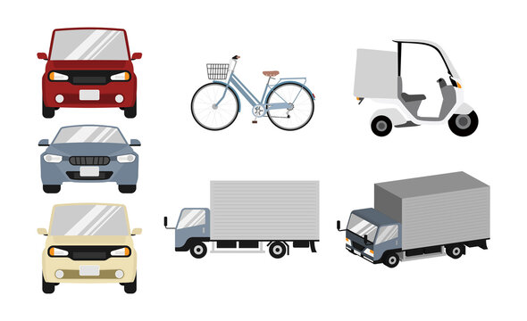乗用車、トラック、自転車、バイクのベクターイラストセット
