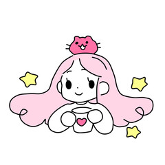 Cute teen girl with closed eyes and long hair. Mix of art nouveau and kawaii gothic style. Hipster, pastel goth, vibrant colors over night sky.  illustration. Sticker, patch, poster design.