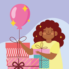 girl with gift boxes balloons party celebration cartoon