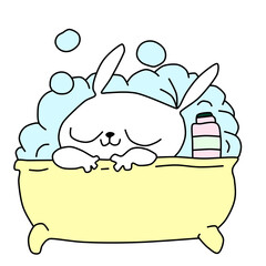 Illustration. Postcard. Motivates personal hygiene. White rabbit cleans his ears on a background of pink foam