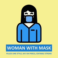 Woman With Mask Illustration Vector Icon Filled Outline style. Editable Stroke. Base 64 x 64 Pixels. Expanded. Perfect Use for Awareness in Banner, Flyer, Presentation, etc.
