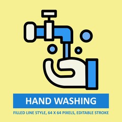 Hand Washing Illustration Vector Icon Filled Outline style. Editable Stroke. Base 64 x 64 Pixels. Expanded. Perfect Use for Awareness in Banner, Flyer, Presentation, etc.