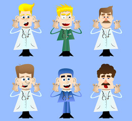 Funny cartoon doctor is trying to scare you. Vector illustration.