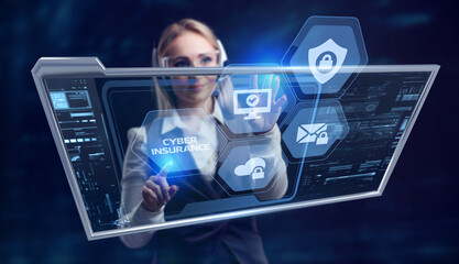Cyber security data protection business technology privacy concept. Young businessman  select the icon Cyber insurance on the virtual display.