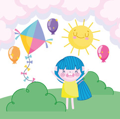 childrens day, happy girl with kite balloons sun sky and grass cartoon