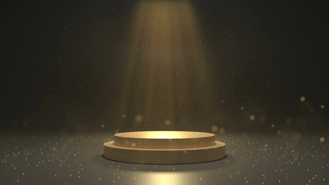 4k Animation. Gold stage podium with lighting. Scene for award ceremony. Golden round platform. illumination spotlight. Merry Christmas 2021. Black background.