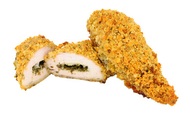 Garlic butter filled whole breaded chicken breasts isolated on a white background