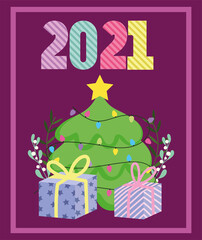 2021 happy new year, decorative tree and gift boxes card