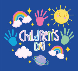 childrens day, colored hand written lettering handprints rainbow clouds sun cartoon