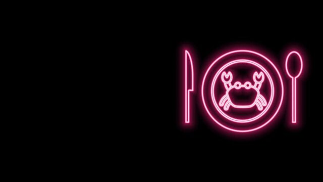 Glowing neon line Served crab on a plate icon isolated on black background. 4K Video motion graphic animation