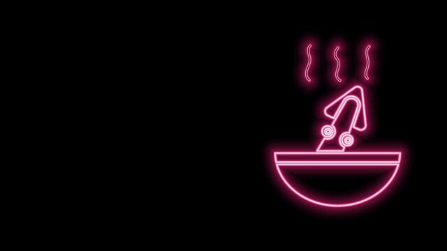 Glowing neon line Soup with octopus icon isolated on black background. 4K Video motion graphic animation