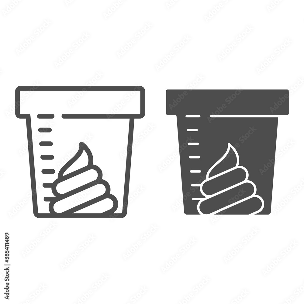 Poster stool sample for analysis line and solid icon, medical tests concept, fecal analysis sign on white b